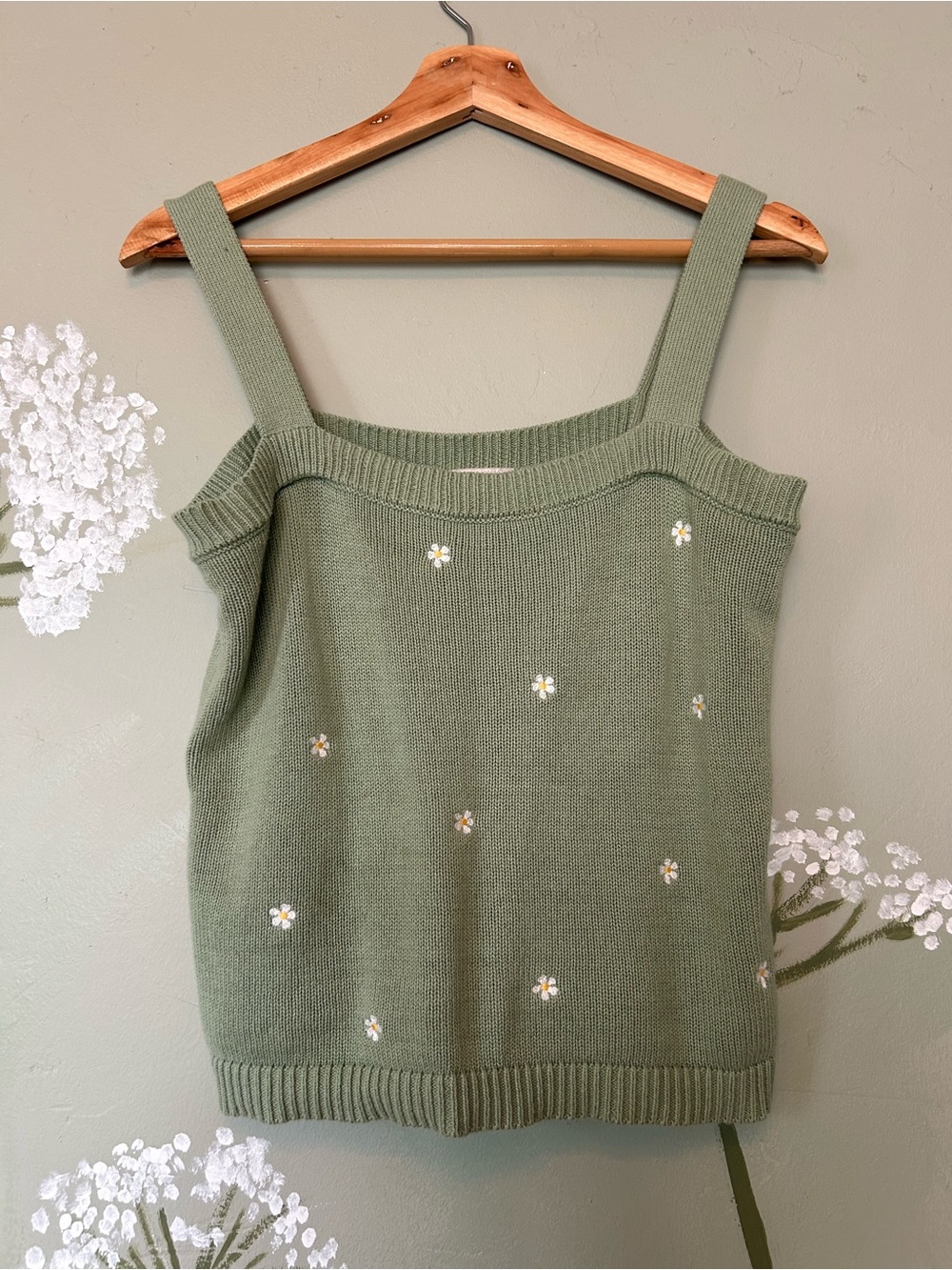 Sage Green Embroidered Floral Knit Tank Top